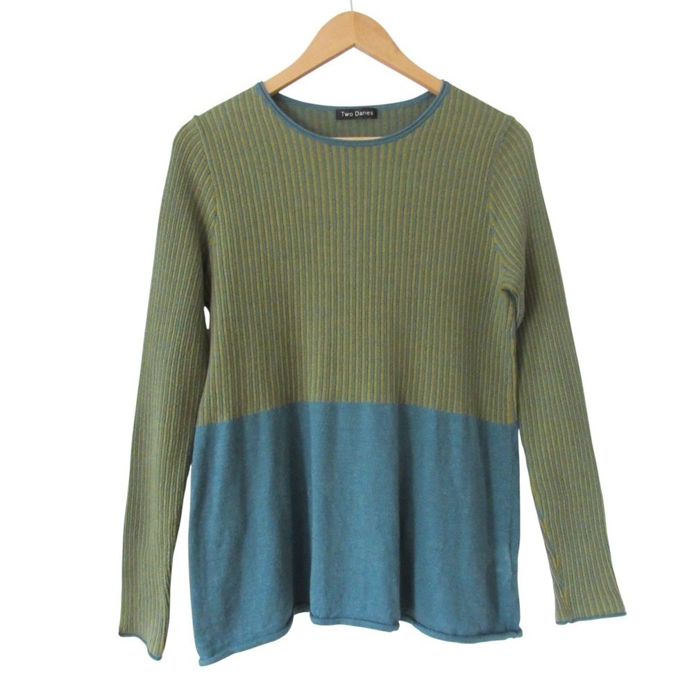 Two Danes Blue Green Striped Colorblock Sweater Small Lightweight Cotton Classic